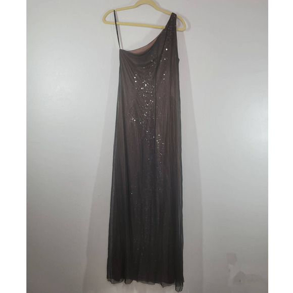 David Meister Sheer Overlay Sequin Maxi Dress Sz 10 One-Shoulder A-Line Stretch - Picture 2 of 5